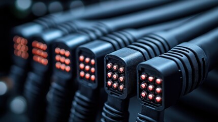 Poster - Close-up of multiple black cables with illuminated connectors.