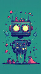 Poster - A robot is standing in front of a pile of bags and boxes. The robot is holding a bag in its hand. The image has a playful and whimsical mood, with the robot appearing to be in a fun