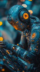 Poster - A robot is shown in a blue and orange color scheme. The robot is wearing a suit and he is typing on a keyboard. The image has a futuristic and industrial feel to it