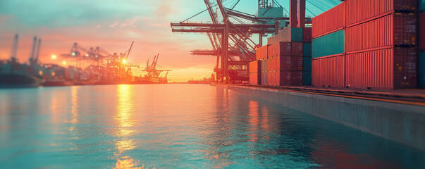 Poster - A large body of water with a sunset in the background. The water is calm and the sky is orange