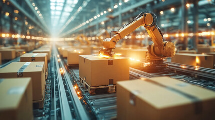 Poster - a robot is working in a warehouse, surrounded by boxes. the robot is cutting a box with a knife