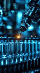 Poster - A blue and white image of a machine that is making medicine. The machine is surrounded by many bottles, and the bottles are all different sizes. The machine is focused on one bottle
