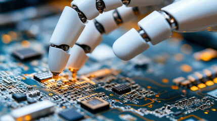 Poster - A robot is touching a computer chip. The robot is white and has a metallic look. The computer chip is black and has a shiny surface. Concept of technology and innovation