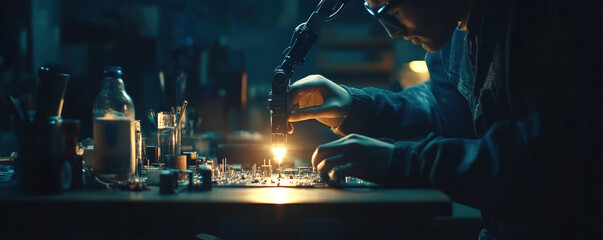 Poster - A man is working on a computer in a dark room. He is using a microscope to look at the computer's components