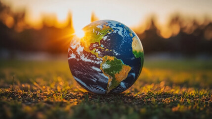 Poster - A small globe is sitting on the grass. The sun is shining on it, making it look like it's glowing