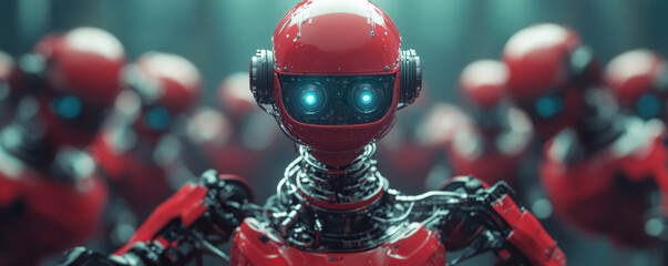 Poster - A group of robots are standing in a line, all wearing red helmets. The robots are all facing the camera, and one of them is wearing a red visor. The scene is futuristic and industrial