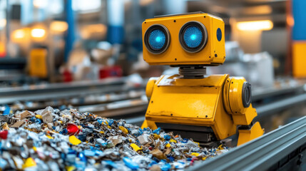 Poster - A yellow robot is sitting in a pile of trash. The robot is surrounded by various colored objects, including a blue and yellow object. Concept of chaos and disorganization