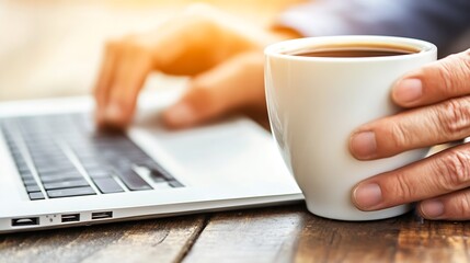 Poster - Person Working with Laptop and Coffee for Productivity and Remote Work Concept : Generative AI