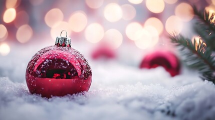 Fototapete - Close Up of Red Christmas Ornament on Snow with Warm Holiday Lights in the Background : Generative AI