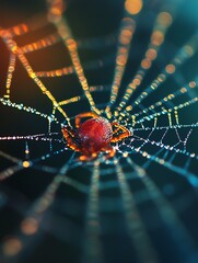 Poster - Dramatic macro of a spider on a web with sparkling dewdrops backlit by colorful bokeh on a dark background : Generative AI