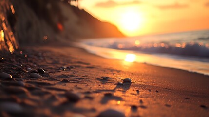 Poster - Golden Sunset Over Serene Sandy Beach with Gentle Waves and Pebbles : Generative AI