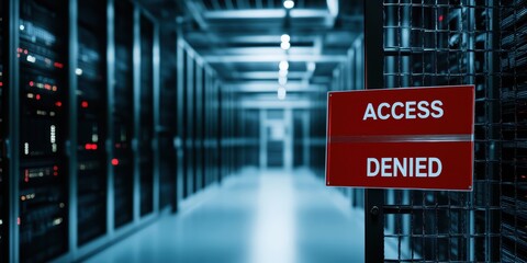Poster - red access denied sign blocking entry in a server room environment with data cables and tech equipme