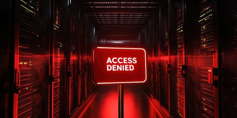 Poster - rendering of a red sign with the text 'access denied' illuminating a dark data center environment