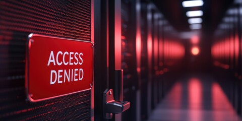 Poster - rendering of a red sign displaying 'access denied' in a dimly lit server room with a high-tech vibe