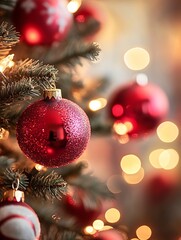 Fototapete - Sparkling Christmas Tree with Red Ornaments and Warm Lights in Elegant Holiday Setting : Generative AI