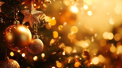 Poster - Christmas Ornaments with Golden Light and Starry Decorations on Tree : Generative AI