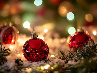 Poster - Glistening Red Christmas Baubles Resting on Snowy Pine Branches with Sparkling Lights : Generative AI