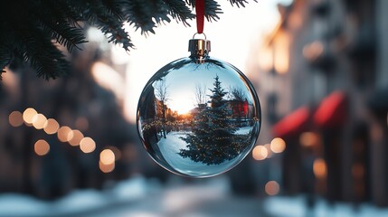 Aufkleber - Glistening Christmas Ornament Reflecting a Snowy Street Scene During Festive Holiday Season : Generative AI
