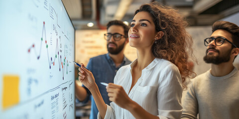 Aufkleber - Businesswoman explaining statistics on whiteboard to colleagues in office
