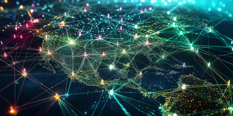Poster - Network connecting cities across north america and central america, showing international communication and data flow