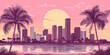 Miami skyline reflecting on water at sunset with palm trees framing the scene