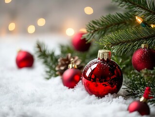 Poster - Red Christmas Baubles and Branches on Snow with Warm Fairy Lights in Festive Setting : Generative AI