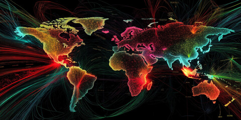 Poster - Colorful world map showing global connections and data flow