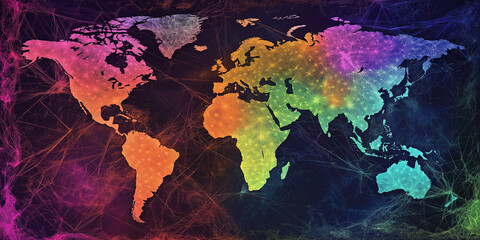 World map showing interconnected global network and data flow