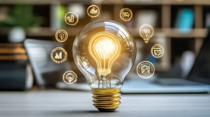Aufkleber - Creative Light Bulb Idea Concept with Business Innovation and Solution Icons Hovering Around : Generative AI