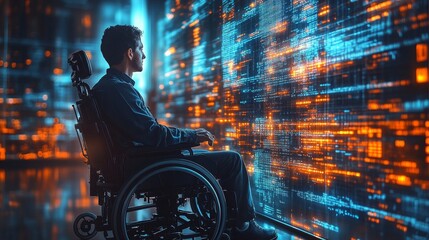 Poster - A wheelchair user interacts with AI technology in a futuristic environment