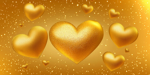 Aufkleber - Golden hearts floating on a sparkling gold background representing love and romance