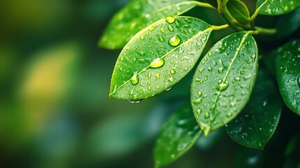 Aufkleber - CloseUp of Fresh Green Leaves with Dewdrops Creating a Natural and Refreshing Botanical Scene : Generative AI