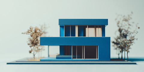 Poster - Modern blue architectural scale model of a sustainable house with trees