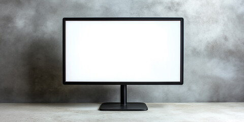 Poster - Modern wide desktop computer monitor showing white display on concrete desk and wall