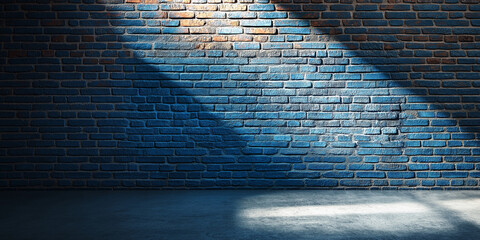 Poster - Light beams illuminating blue brick wall in empty room