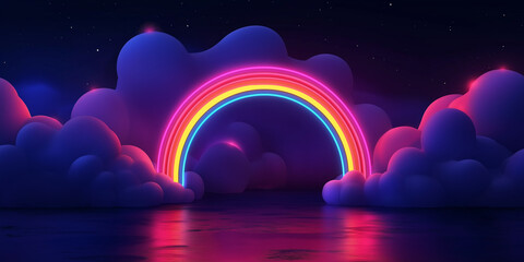 Poster - Glowing neon rainbow arch emerging from clouds at night reflecting on water