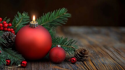 Poster - Elegant Red Christmas Ornaments on Rustic Wood With Pine and Candle : Generative AI
