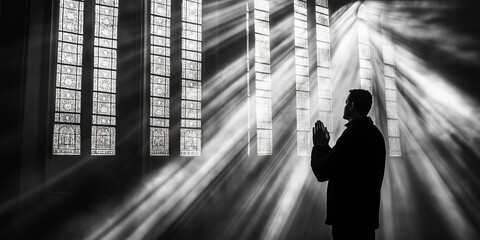 Wall Mural - Man praying in church with sunbeams shining through stained glass windows