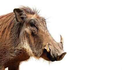 Warthog are pigs who live in semi open habitats, arid regions, in sub Saharan Africa. Know from two species the desert - Phacochoerus aethiopicus - and common P. africanus. Isolated white background