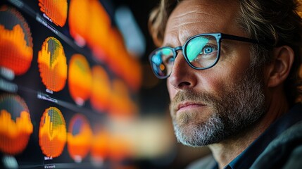 Poster - Middle-aged man analyzing financial data on digital screen in office during afternoon