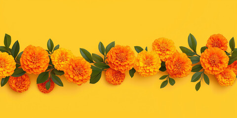 Poster - Cempasúchil, orange marigold flowers creating a line on yellow background for day of the dead celebration