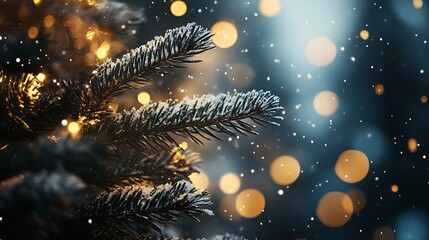 Poster - Enchanting Festive Fir Branches with Warm Bokeh Lights and Falling Snow in Quiet Winter Night : Generative AI