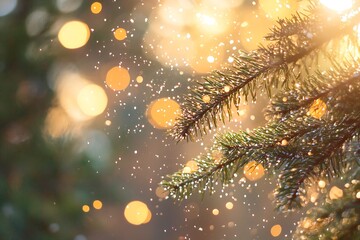 Poster - Magical Winter Scene with Evergreen Branch and Golden Bokeh Lights : Generative AI