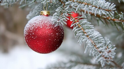 Poster - SnowDusted Red Christmas Ornament Hanging on Frosty Tree Branch : Generative AI