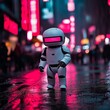 © MetaKibo - A futuristic robot stands in a neon-lit urban environment on a rainy street.