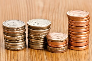 Poster - Multiple Stacks of Assorted Coins Neatly Arranged on a Wooden Surface for Financial and Savings Theme : Generative AI