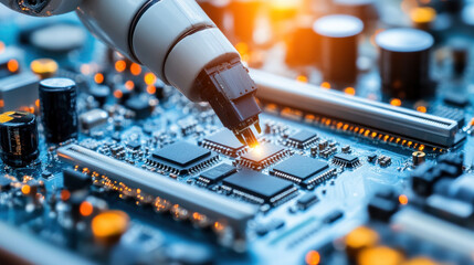 Poster - A robot is working on a circuit board. The robot is white and has a long, thin arm. The robot is using a tool to poke at the circuit board. The circuit board is blue