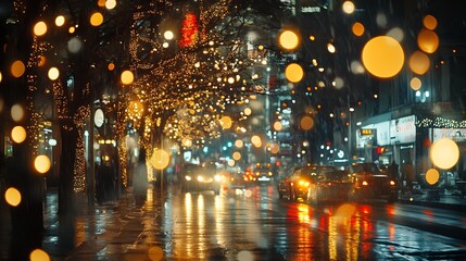 Poster - City Street at Night with Festive Lights and Reflections in the Rain : Generative AI