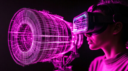 Poster - A woman is wearing a virtual reality headset and looking at a large, colorful object. Concept of excitement and wonder as the woman explores the virtual world