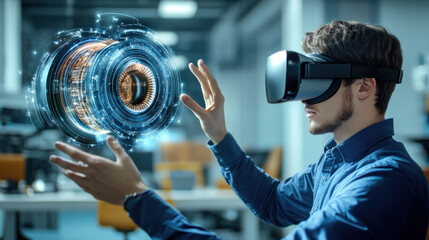 Poster - A man is wearing a virtual reality headset and is holding his hands up in the air. Concept of excitement and wonder as the man experiences the virtual world